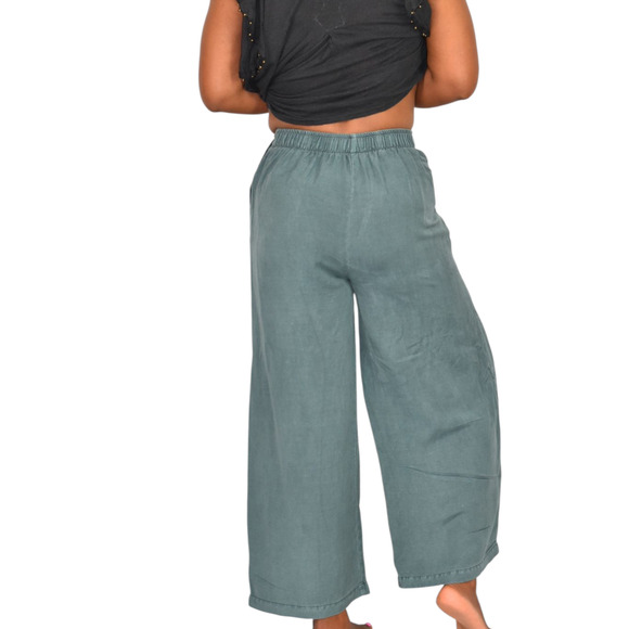 Young Fabulous Broke Cove Pant Green YFB Front Slits Crop Flare Washed Linen XS - Picture 2 of 14